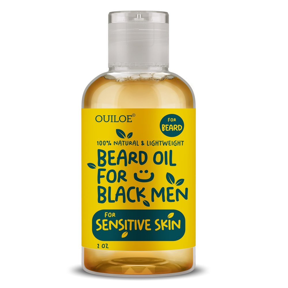 Ouiloe Beard Oil for Black Men with Sensitive Skin - Beard Growth Oil - Unscented, Natural, Non Comedogenic, Lightweight and Non Greasy - Soothes Itching and Ingrown Hair, 2oz