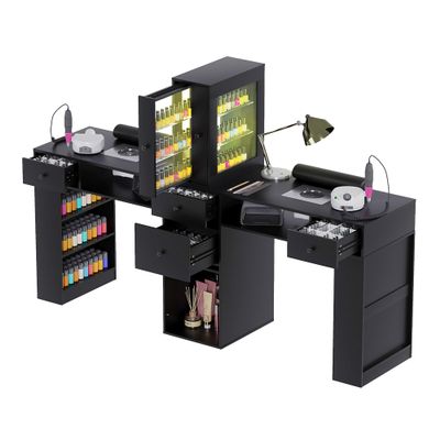 Double Manicure Table with Dust Collector, Two Person Nail Desk for Nail Tech, Nail Salon Table with LED Light Cabinet, Storage Drawers, Hand Rest, for Professional Beauty Salon Workstation (Black)