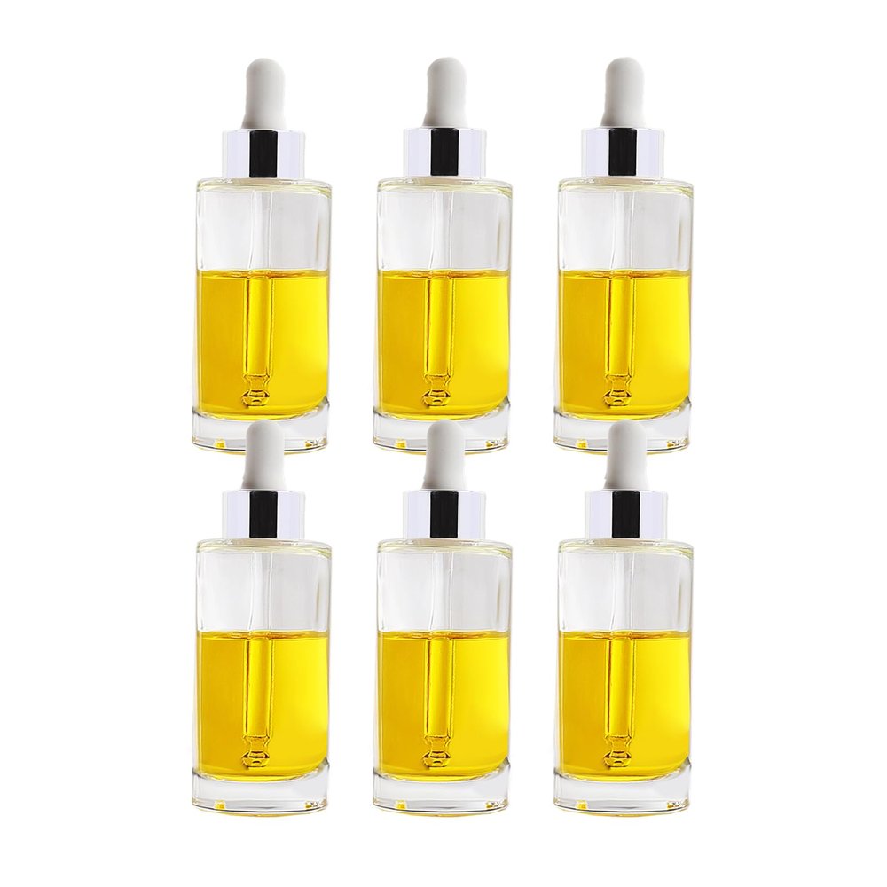 50ml Molding Glass Dropper Bottles with Double-layer Dropper Cap with Glass Pipette with Threaded 18/400 for Essential Oils, Leak Proof Travel Bottles, Set of 6 (Silver)