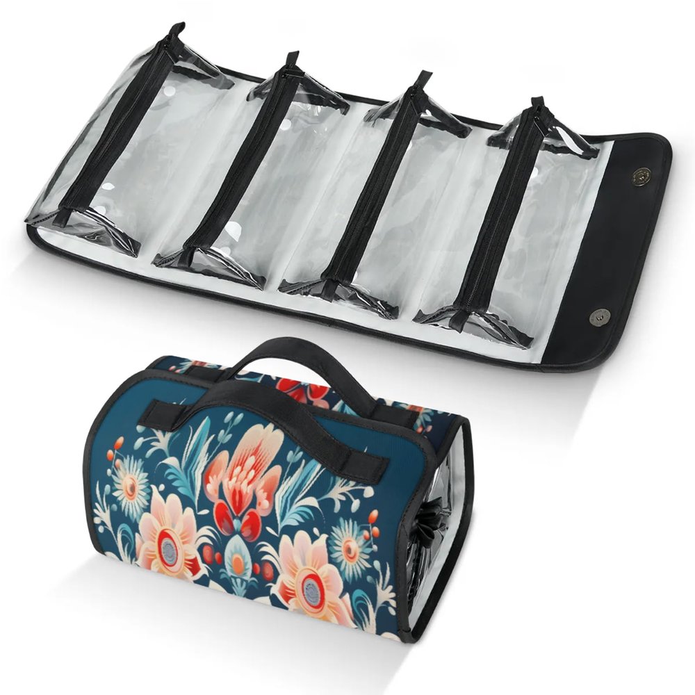 AGHESOTH Abstract Flower Pattern Toiletry Bag Water Proof Travel Makeup Case Large Capacity 4 in 1 Foldable Cosmetics Storage for Women Men Removable Zipper Clear PVC Pockets