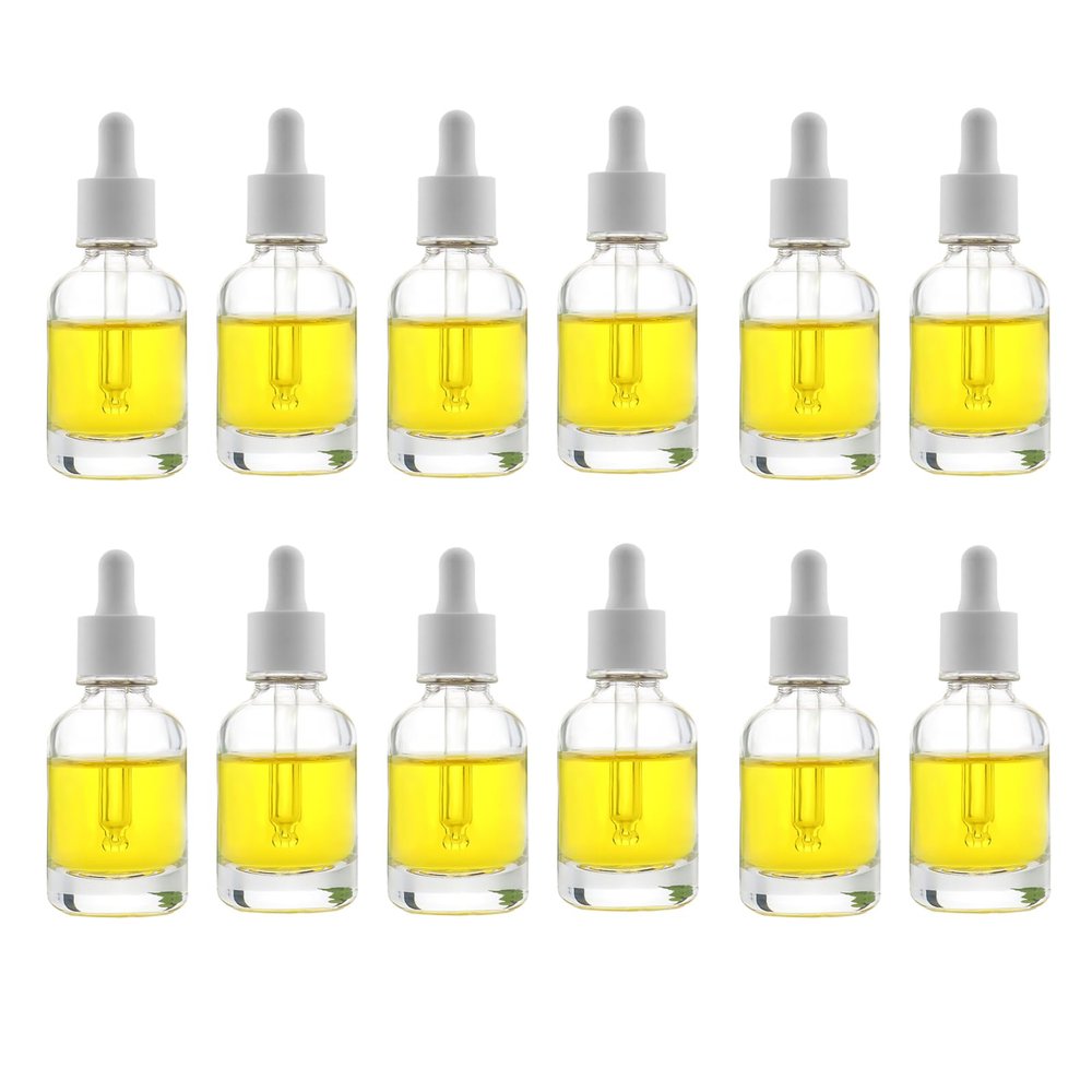 30ml Round Shoulder Glass Dropper Bottles with Plastic Dropper cap with Glass pipette with Threaded 20/415 for Essential Oils, Leak Proof Travel Bottles, Set of 12 (White)