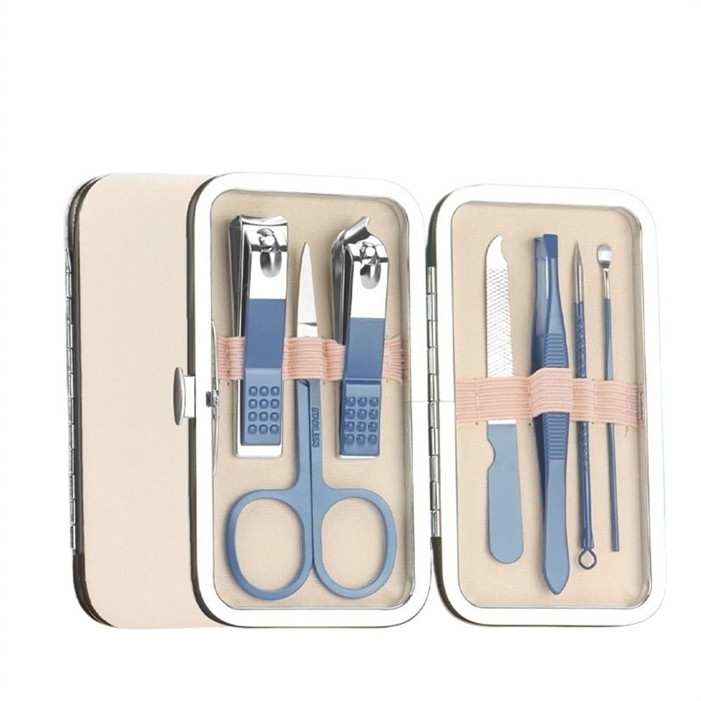 7-Piece Portable Stainless Steel Nail Clippers Set, Travel Manicure & Pedicure Kit, Ear Cleaning Tools, Personal Care Set with Gold Synthetic Leather Case(White)