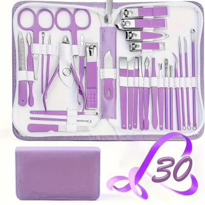 30-Piece Nail Clippers Set, Professional Manicure Kit with Stainless Steel Tools, Nail Care Kit with Pink Case, Pedicure Grooming Set for Men & Women, Valentines Day Gift(Gray)