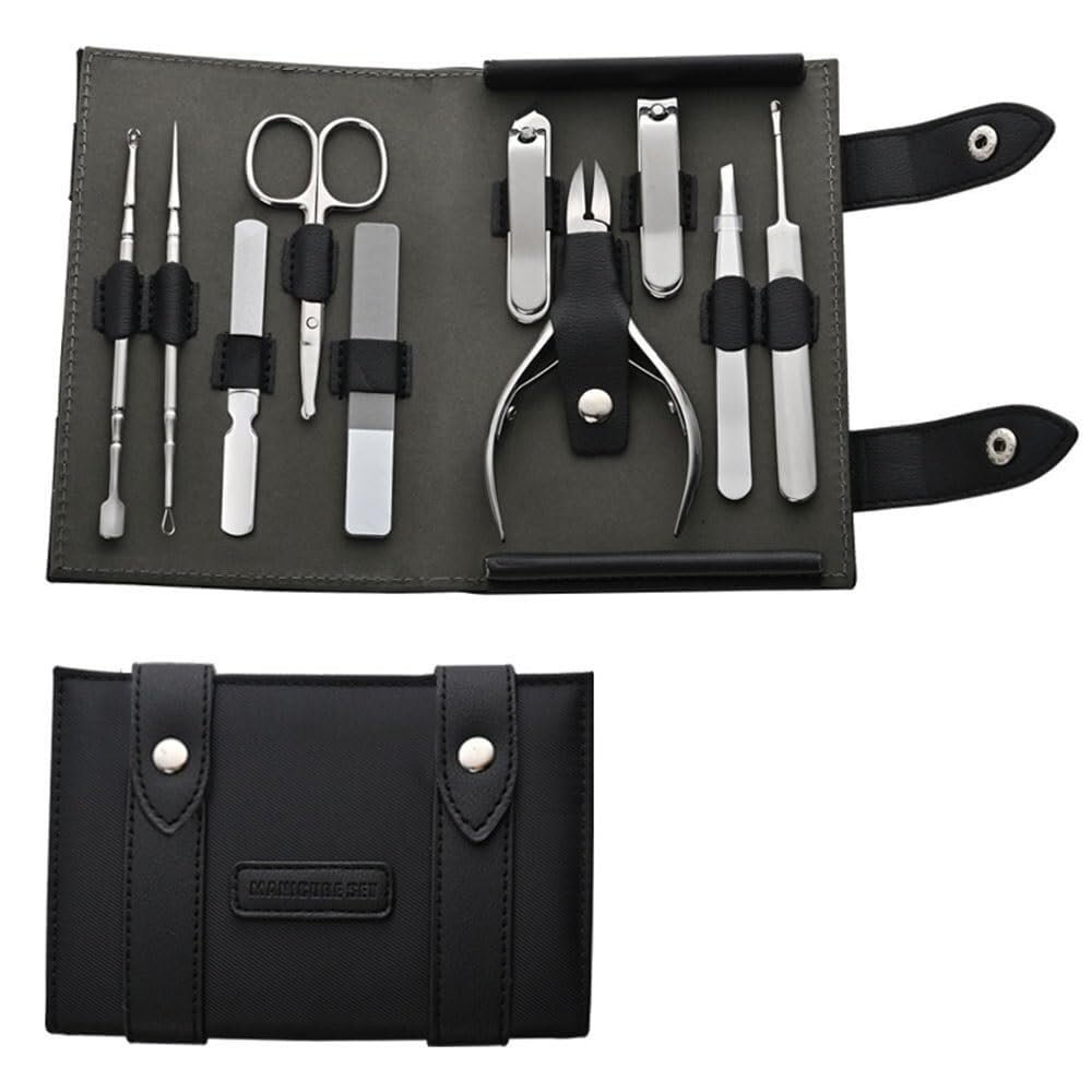 10-Piece Stainless Steel Manicure Set, Professional Nail Clippers & Pedicure Tools for Men, Complete Grooming Kit with Ear Spoon, Compact PU Leather Case, Personal Care Set for Hand & Foot Care