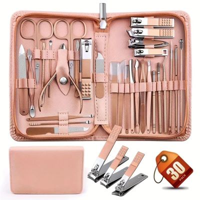 30-Piece Nail Clippers Set, Professional Manicure Kit with Stainless Steel Tools, Nail Care Kit with Pink Case, Pedicure Grooming Set for Men & Women, Valentines Day Gift(Pink)