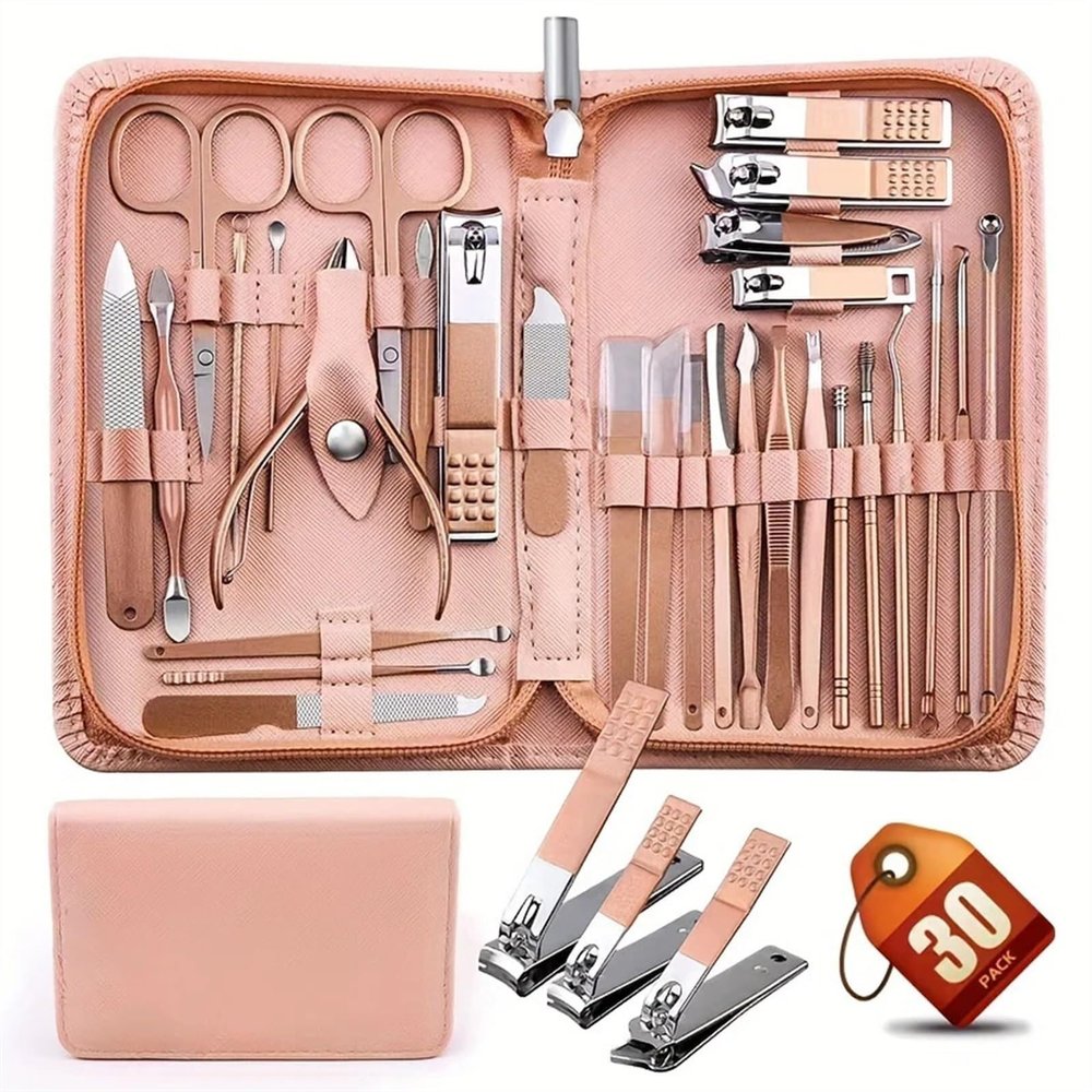 30-Piece Nail Clippers Set, Professional Manicure Kit with Stainless Steel Tools, Nail Care Kit with Pink Case, Pedicure Grooming Set for Men & Women, Valentines Day Gift(Pink)