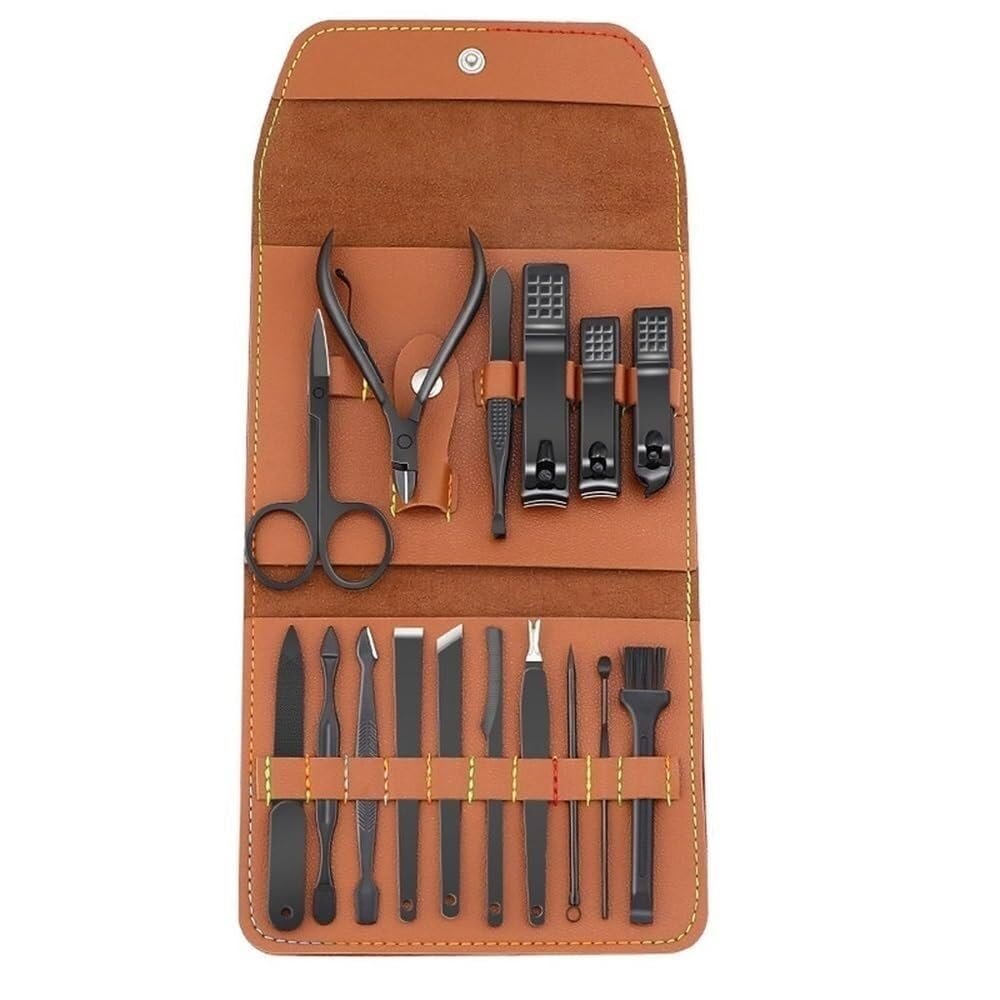 16-Piece Manicure Pedicure Kit, Nail Clippers Set with Nail Scissors, Nail File & Grooming Tools, Stainless Steel Tools in Grey PU Leather Case, Complete Nail Care Set