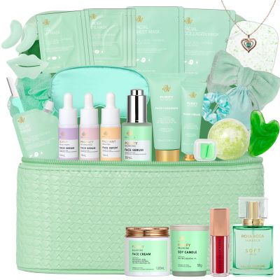 Christmas Gifts for Women, 33 Pcs Tea Tree Collagen Face Sheet Mask, Skin Care Gift, Self Care Kit Spa Gift Baskets, Necklace, Lip Gloss, Bath and Body Set, Face Serum, Mother Day, Birthday Present