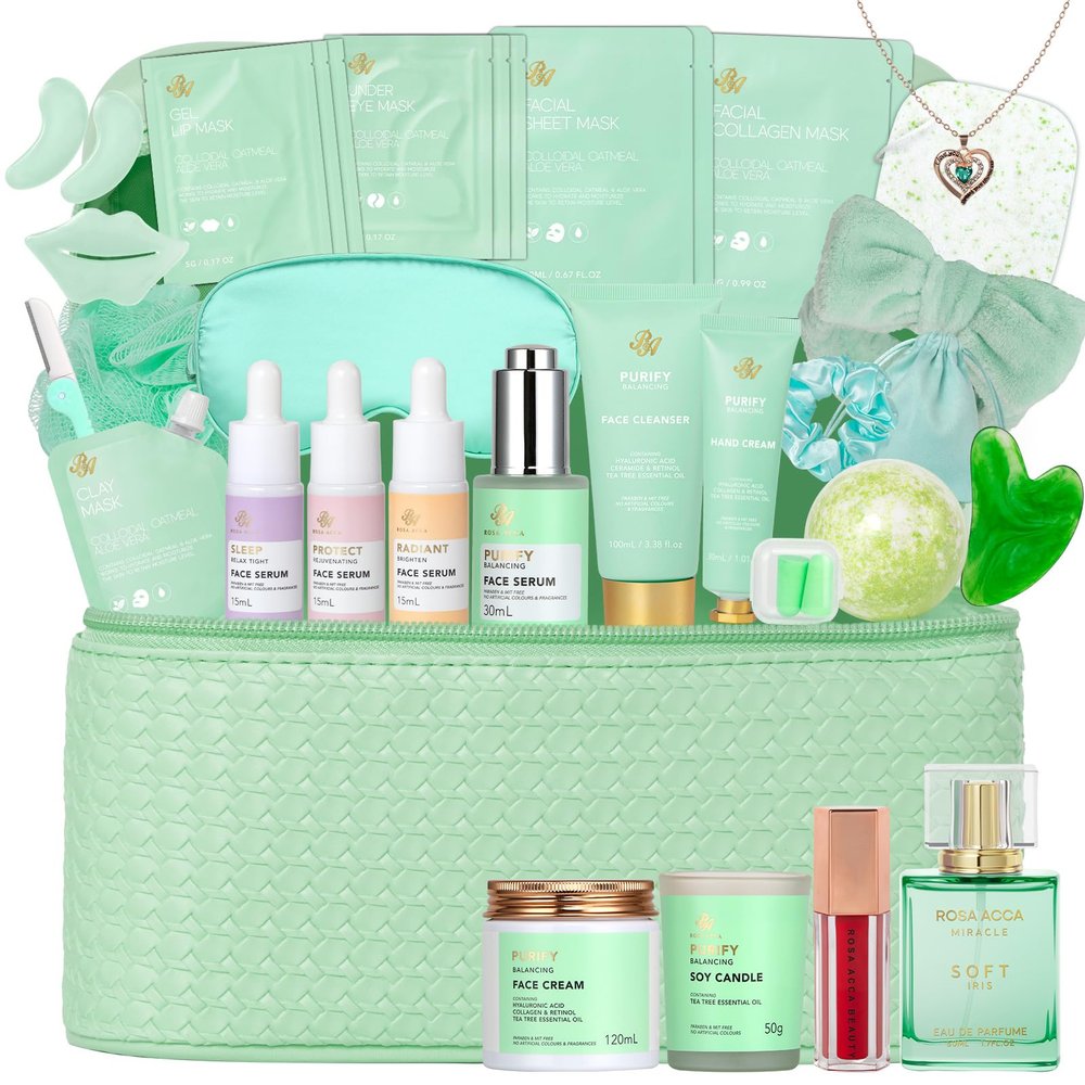 Christmas Gifts for Women, 33 Pcs Tea Tree Collagen Face Sheet Mask, Skin Care Gift, Self Care Kit Spa Gift Baskets, Necklace, Lip Gloss, Bath and Body Set, Face Serum, Mother Day, Birthday Present