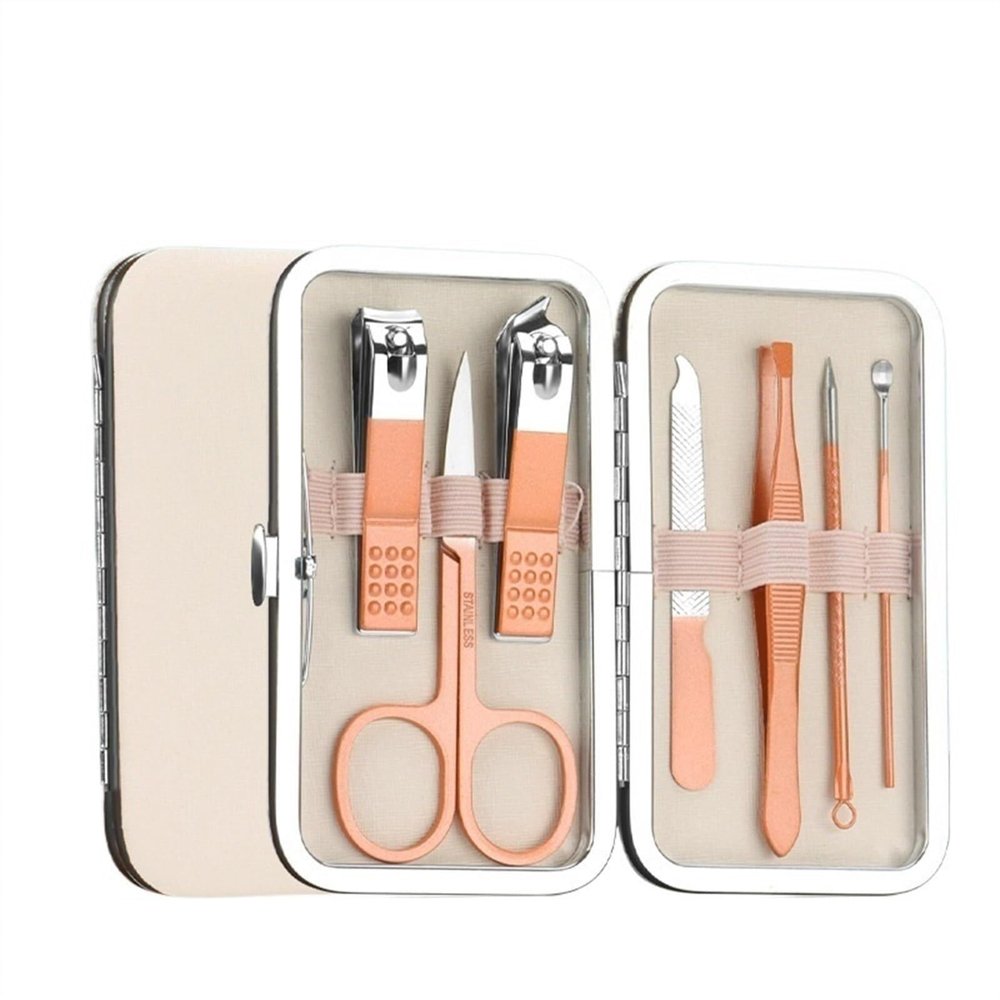 7-Piece Portable Stainless Steel Nail Clippers Set, Travel Manicure & Pedicure Kit, Ear Cleaning Tools, Personal Care Set with Gold Synthetic Leather Case(Gold)