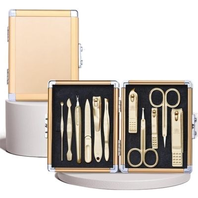 11-Piece Nail Clippers Set with Luxury Metal Box, Stainless Steel Manicure Pedicure Grooming Kit for Travel or Home Use, Professional Hand, Foot & Facial Care Tools, Silver(Gold)