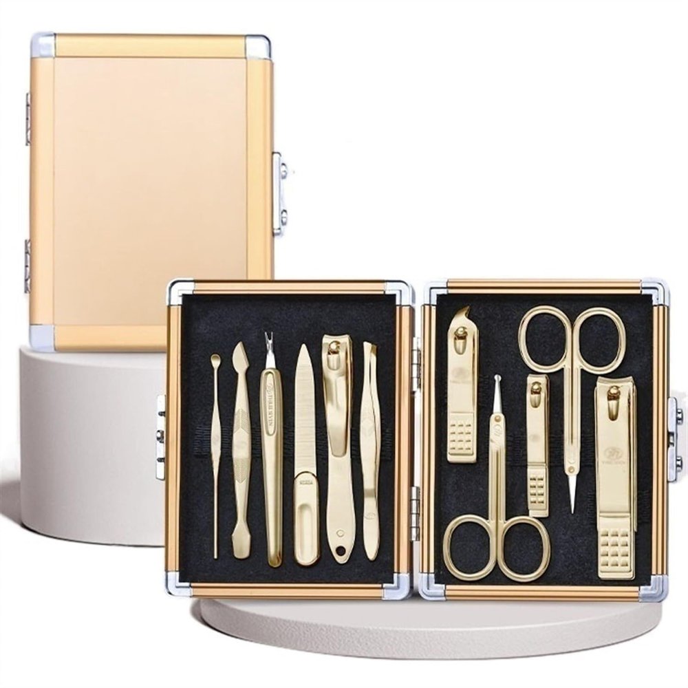 11-Piece Nail Clippers Set with Luxury Metal Box, Stainless Steel Manicure Pedicure Grooming Kit for Travel or Home Use, Professional Hand, Foot & Facial Care Tools, Silver(Gold)