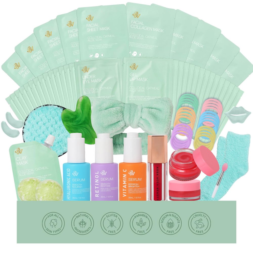 Valentines Day Gifts for Women, 55Pcs Tea Tree Face Sheet Mask Pack, Skin Care Set, Self Care Kit, Hydrogel Jelly Mask, Eye Gel, Under Eye Patches, Facial Serum Set, Christmas, Birthday, Mother Day