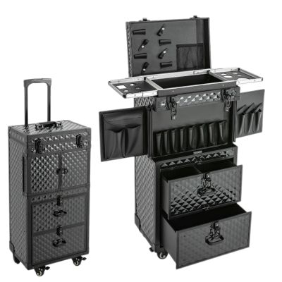 KeruRome Cosmetology Case on Wheels, Rolling Makeup Train Case Nail Travel Case for Nail Tech, Professional Rolling Makeup Case with Drawers & 2 Mobile Password Lock, Black