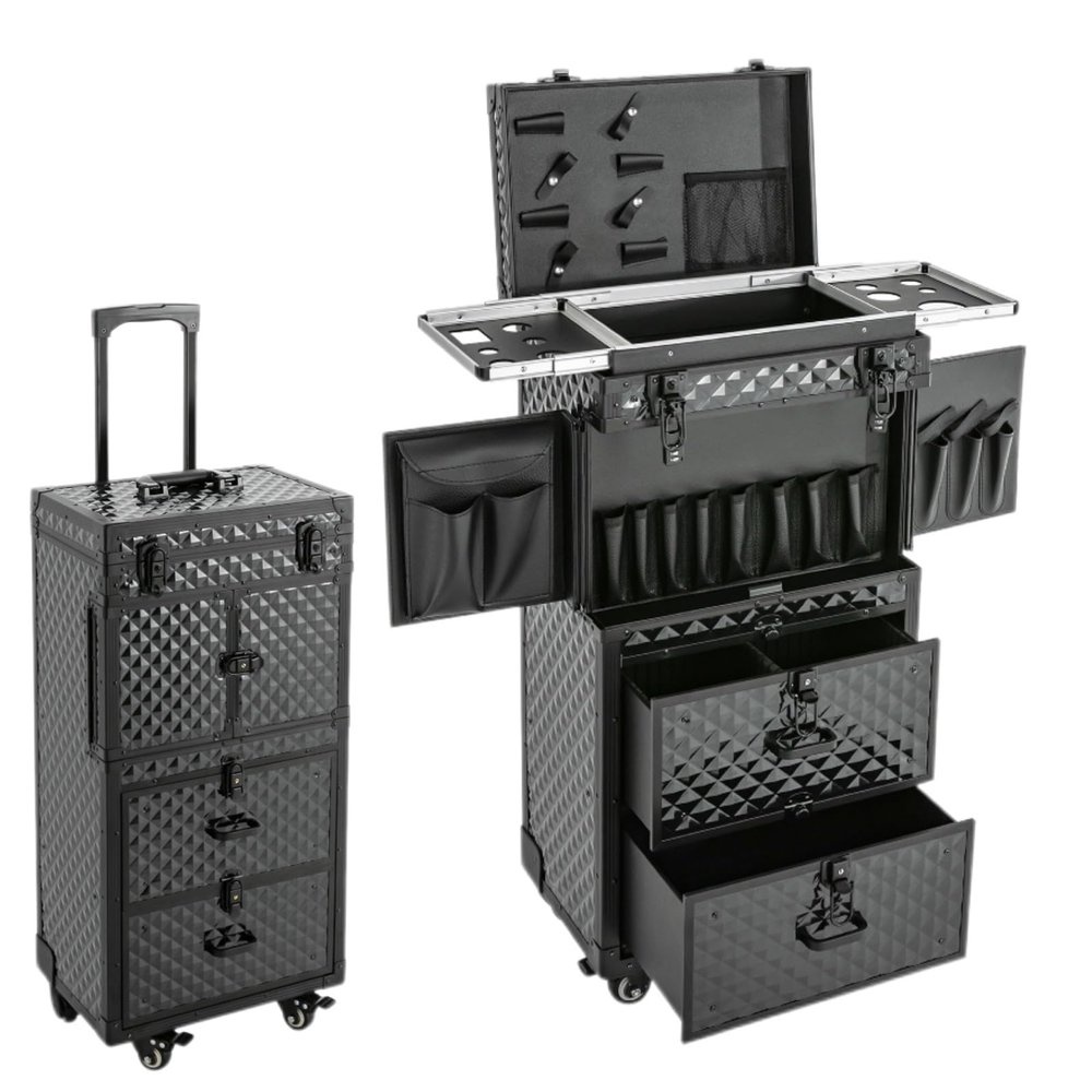 KeruRome Cosmetology Case on Wheels, Rolling Makeup Train Case Nail Travel Case for Nail Tech, Professional Rolling Makeup Case with Drawers & 2 Mobile Password Lock, Black