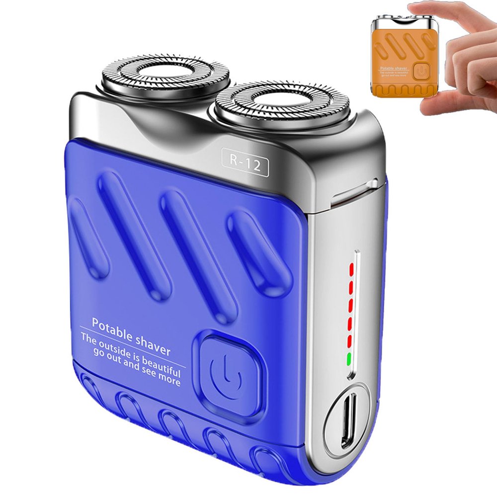 Portable Rotary Dual Ring Electric Shaver,New Model Mini Dual-Head Electric Shaver,Mini Razor for Men,for Travel & Daily Use (Blue)