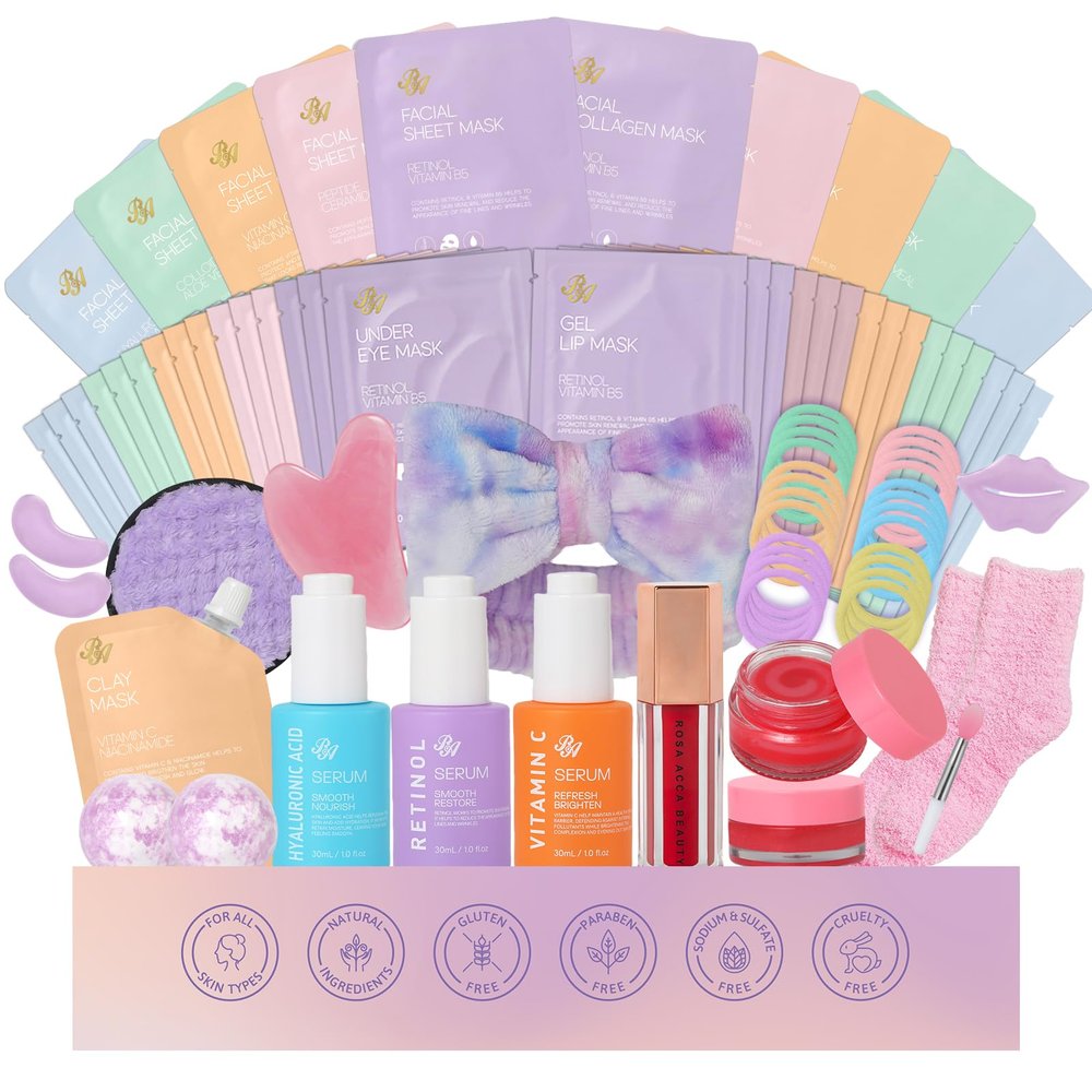 55 Pcs Valentines Day Gifts for Women, Face Sheet Masks Pack, Hydrating Skin Care Kit, Spa Kit Gift, Real Deep Hydrogel Mask, Face Serum, Gel Eye Mask, Christmas, Birthday, Anniversary