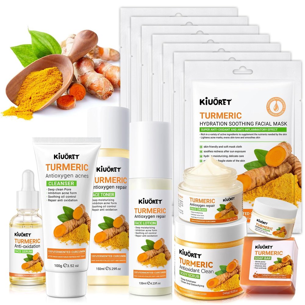 15 PCS Turmeric Skin Care Set - Turmeric Skin Care Kit Long-Lasting Moisture, Oil Control & Smooth Skin - With Cleanser, Soap, Scrub,Toner, Face Oil, Eye Cream, Lotion, Cream & Facial Masks