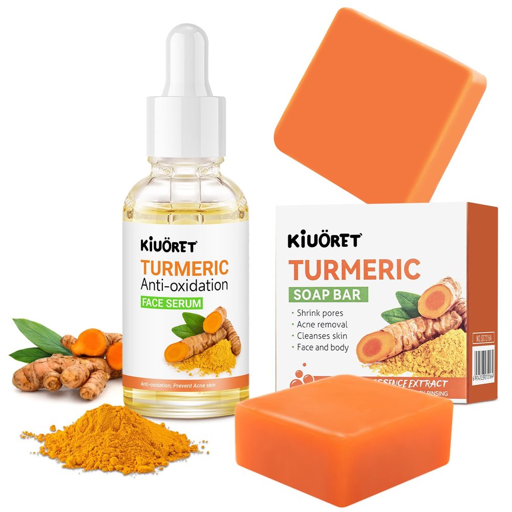 3PCS Turmeric Soap & Serum Set - Turmeric Face Serum + 2 Turmeric Soap Bars with Vitamin C & E - Deep Cleanses Pores, Reduces Acne, Controls Oil, Soothes Skin - Hydrating Facial Kit for All Skins