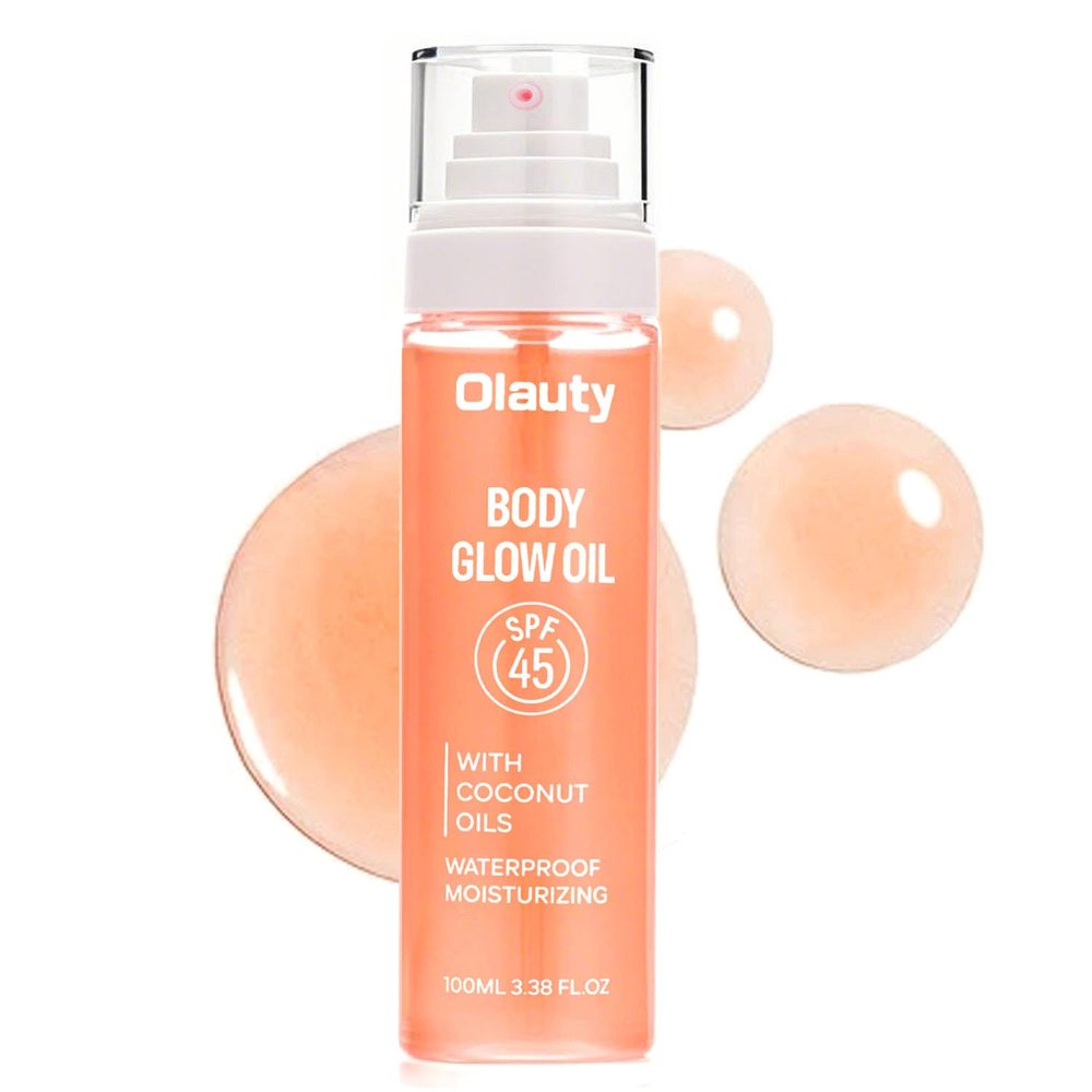 Body Glow Oil, SPF45 Sunscreen Body Oil Shimmer Moisturizing with Coconut Oil for Dry Skin Nourishing Glowing Skin Care Body Shimmer Oils for Women,Lightweight, Non-Greasy