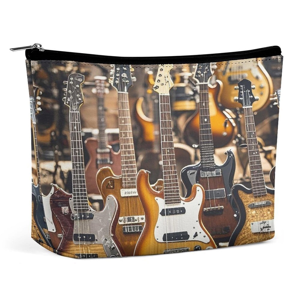 Travel Makeup Bag Portable Cosmetic Bags for Women Guitar Bass Music Musical Instruments Make Up Bags Organizer With Zipper Waterproof Open Flat Toiletry Bag Cute Makeup Pouch for Travel Accessories