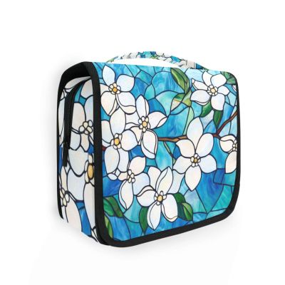 AHENGPAIG White Jasmine Flowers Blue Travel Toiletry Bag With Hanging HookWaterproof Makeup Bag Organizer For Women