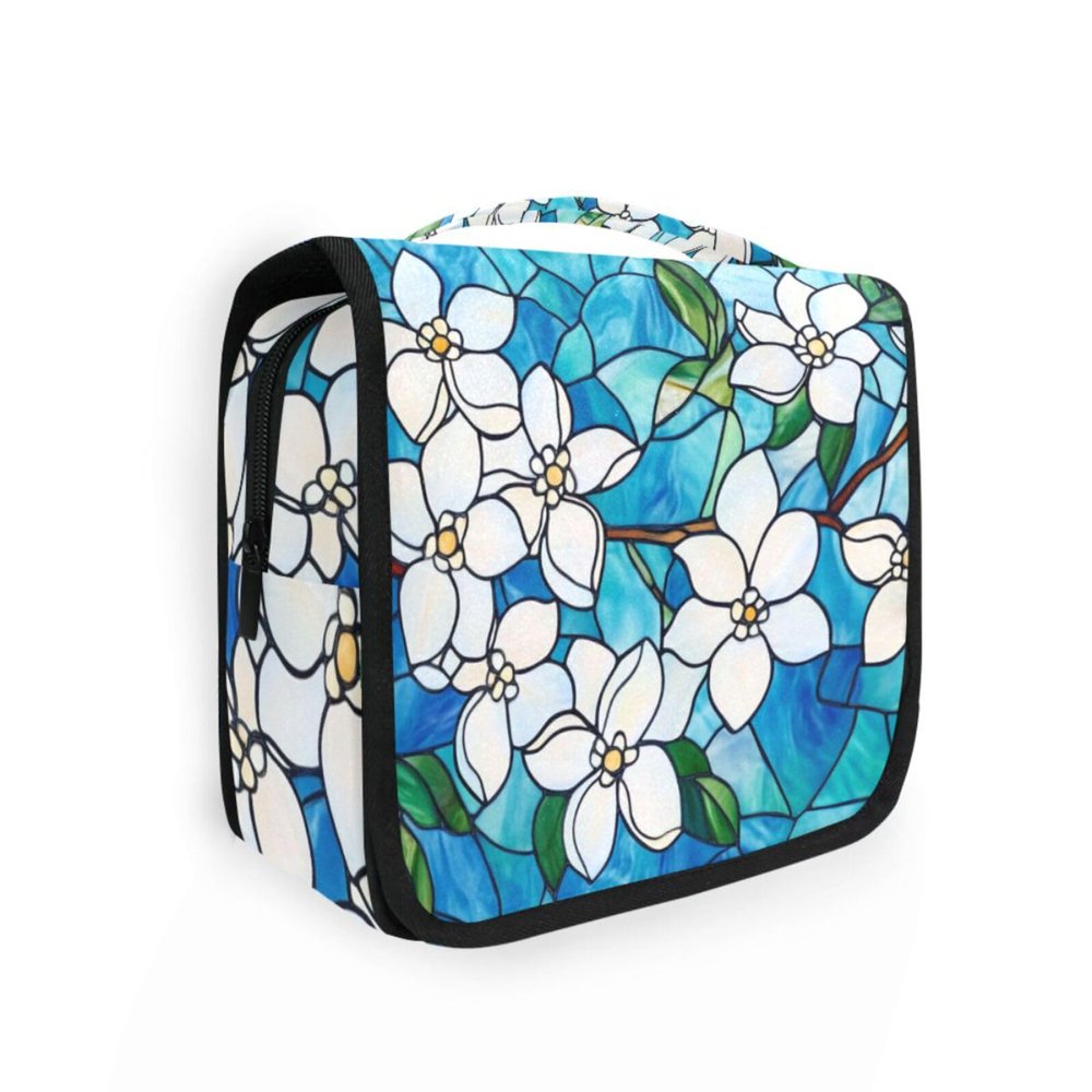 AHENGPAIG White Jasmine Flowers Blue Travel Toiletry Bag With Hanging HookWaterproof Makeup Bag Organizer For Women