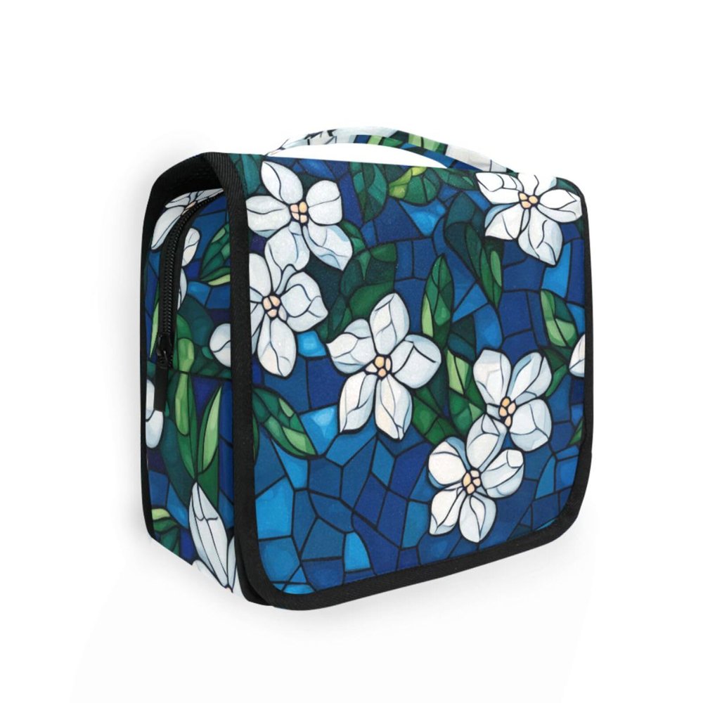 AHENGPAIG White Jasmine Flowers Blue Travel Toiletry Bag With Hanging HookWaterproof Makeup Bag Organizer For Women