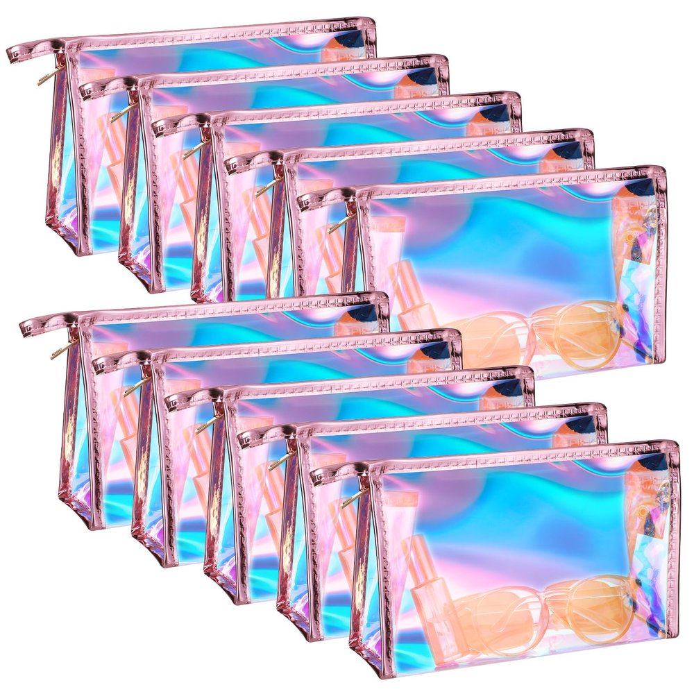 Xthrotsenk 10 Pcs Holographic Makeup Bags Bulk Iridescent Cosmetic Bags Pouch Portable Zipper Toiletry Bag Clear Color Gift Bags for Travel Makeup Organizer, Brushes,Women Gifts