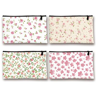 INFUNLY 4PCS Pink Flower Canvas Cosmetic Bags Set 5.9x9 Spring Blossoms Makeup Bag with Zipper Travel Pouch Multi-Functional Travel Toiletry Pouch Portable Gift for Women Girls