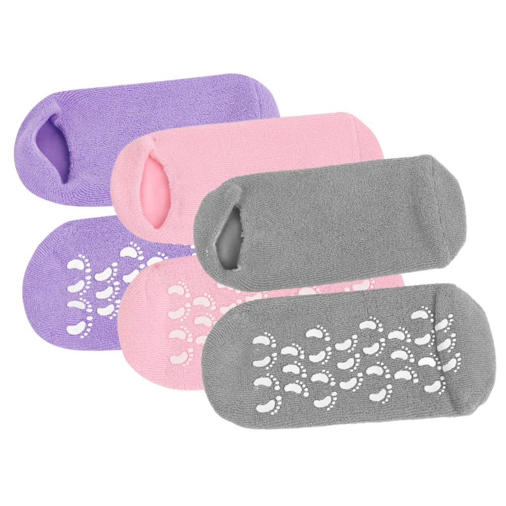 LIFKOME 3pairs Moisturizing Gel Socks for Foot Care for Feet Reusable Cotton Blend Anti-Slip Design Gray Pink Purple for Overnight Use