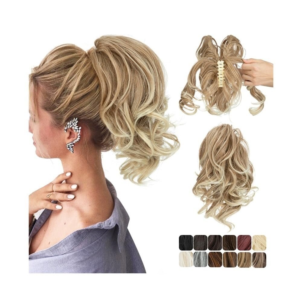 Ponytail Extension, Claw Clip Ponytail Extension,Wave Short Ponytail Looking Synthetic Hairpiece Claw Clip on Pony Tail for Women Fake Hair(Jet Black)