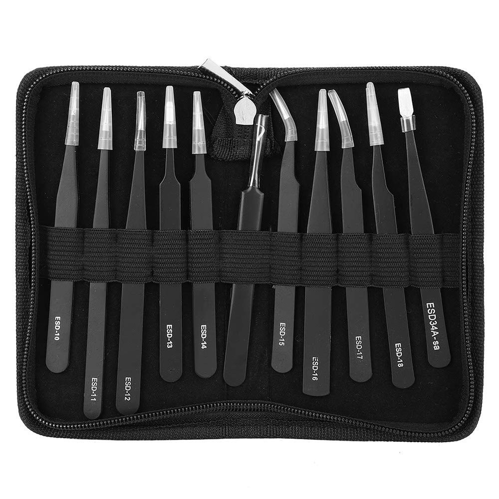 Baxnore 11 pcs Stainless Steel Tweezers Set, Precise Repair Tools for Electronics Jewellery Crafts, Anti Static Tweezers with Storage Bag