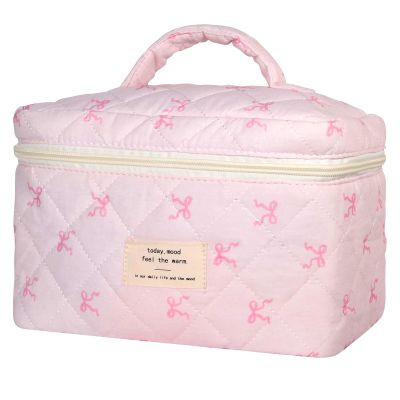 AMULOKRU Large Makeup Bag, Cute Cosmetic Bags for Women Girls, Quilted Floral Toiletry Bag, Travel Make Up Organizer Bag