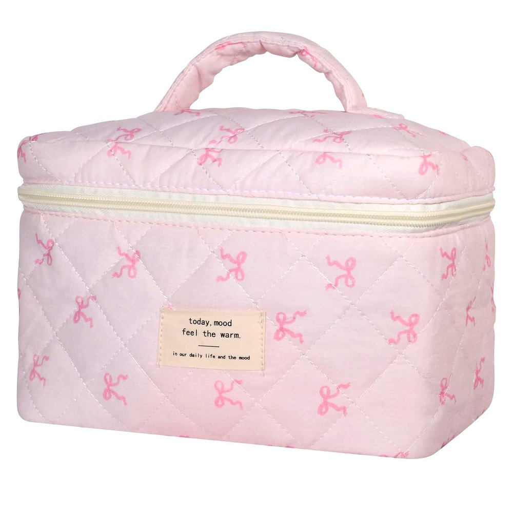 AMULOKRU Large Makeup Bag, Cute Cosmetic Bags for Women Girls, Quilted Floral Toiletry Bag, Travel Make Up Organizer Bag