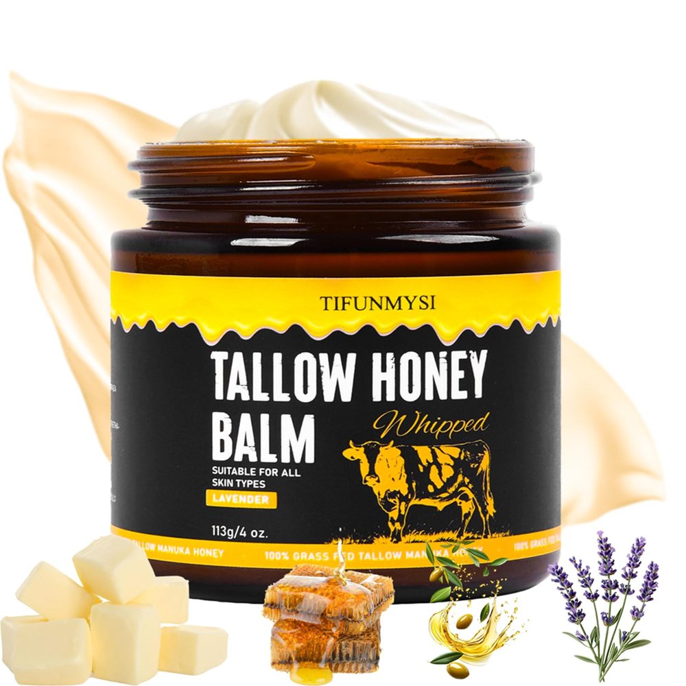 Beef Tallow for Skin Grass-Fed Beef Tallow & Raw Honey Balm, Hydrating & Nourishing - Face Body Moisturizer, Skin Barrier Repair, Travel Essentials (113g/4 oz)
