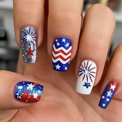 BQZQPAMZ July 4th Square Fake Nails, Fireworks Pattern Design Press-On Medium Nails, Special Glue on Nails Natural Reusable Acrylic Nails for Women Independence Day Glitter Nail Art Supplies (24pcs)