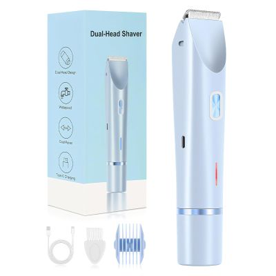 Bikini Trimmer for Women, 2-in-1 Painless Dual Head Shaver Women with Painless Ceramic Blades, Waterproof Electric Razors for Body & Face, Holiday Gift for Her (Blue)
