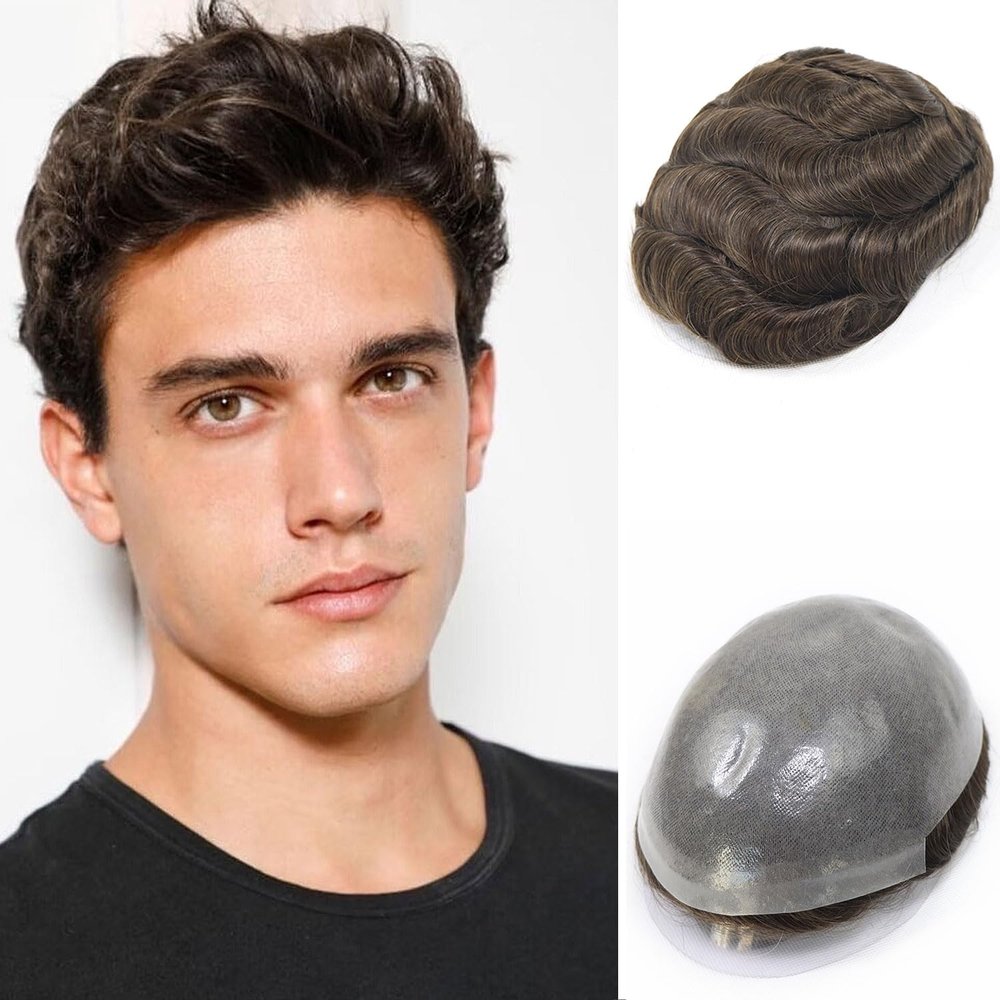 0.06-0.08mm Full PU Skin Men Toupee Human Hair Natural Hairine Mixed Grey/Brown Male Wig Single Knot Human Hairpieces Replacement System 30mm Wave 120% Density (#4)