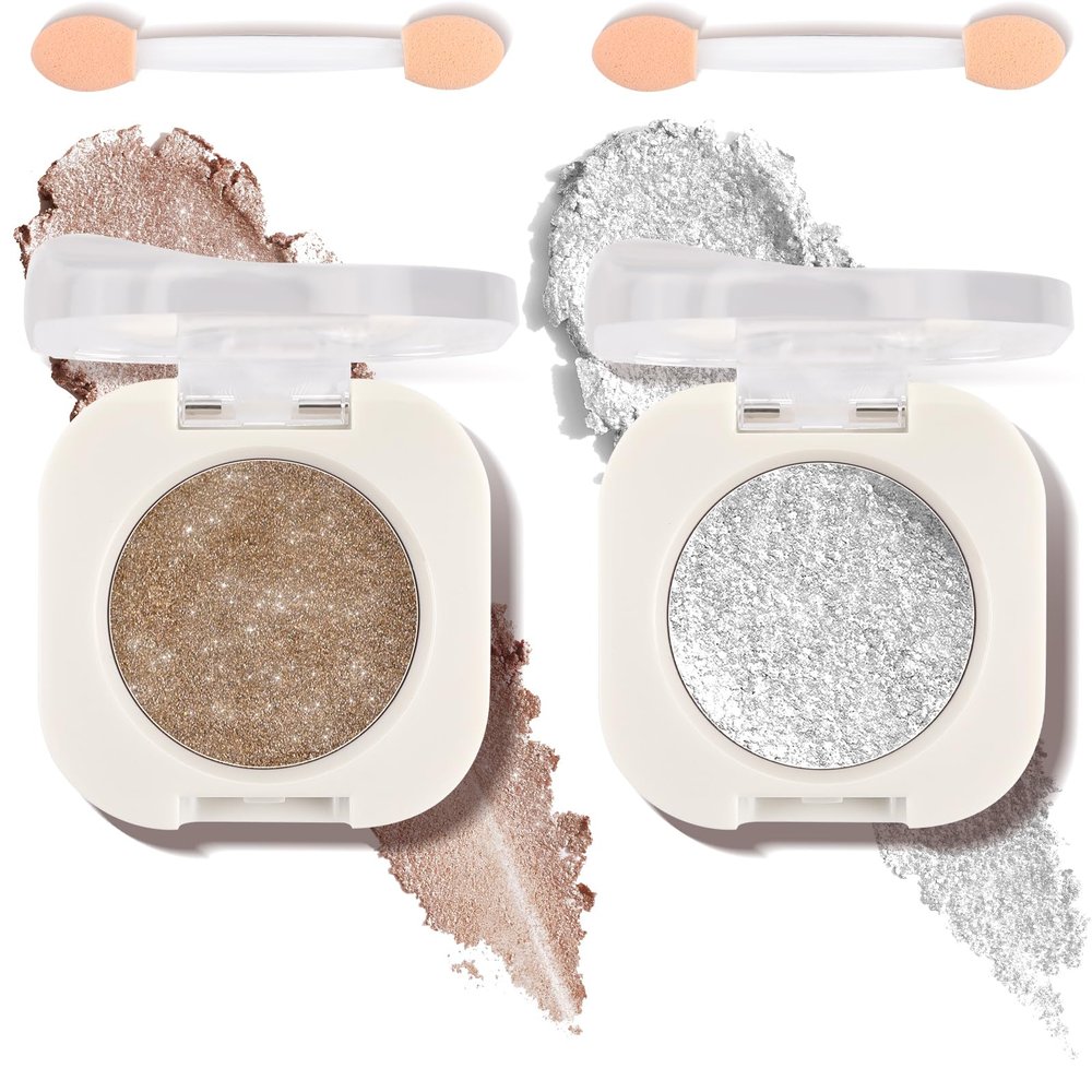 2 Colors Single Glitter Eyeshadow with Brush,Champagne Pearl Glow and Cold Silver Glow Eye-Shadow, Silky Fine Subtle Shimmer Eye Shadow with Lightweight & Ultra-Blendable Formula for Daily Eye Glitter