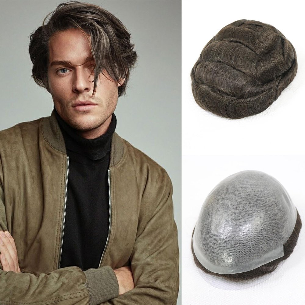 0.06-0.08mm Full PU Skin Men Toupee Human Hair Natural Hairine Mixed Grey/Brown Male Wig Single Knot Human Hairpieces Replacement System 30mm Wave 120% Density (#3)