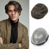 0.06-0.08mm Full PU Skin Men Toupee Human Hair Natural Hairine Mixed Grey/Brown Male Wig Single Knot Human Hairpieces Replacement System 30mm Wave 120% Density (#3) view 1
