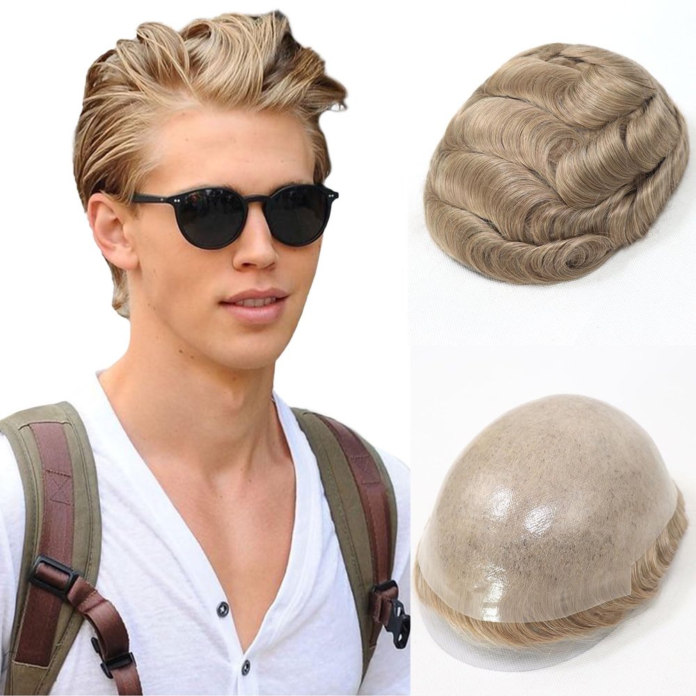 0.06-0.08mm Full PU Skin Men Toupee Human Hair Natural Hairine Mixed Grey/Brown Male Wig Single Knot Human Hairpieces Replacement System 30mm Wave 120% Density (#22R)