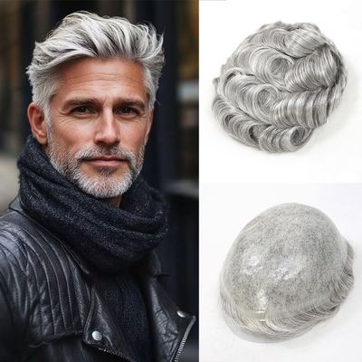 0.06-0.08mm Full PU Skin Men Toupee Human Hair Natural Hairine Mixed Grey/Brown Male Wig Single Knot Human Hairpieces Replacement System 30mm Wave 120% Density (#1B80)
