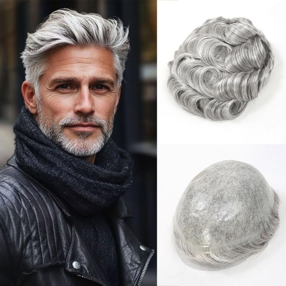 0.06-0.08mm Full PU Skin Men Toupee Human Hair Natural Hairine Mixed Grey/Brown Male Wig Single Knot Human Hairpieces Replacement System 30mm Wave 120% Density (#1B80)