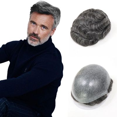 0.06-0.08mm Full PU Skin Men Toupee Human Hair Natural Hairine Mixed Grey/Brown Male Wig Single Knot Human Hairpieces Replacement System 30mm Wave 120% Density (#1B40)