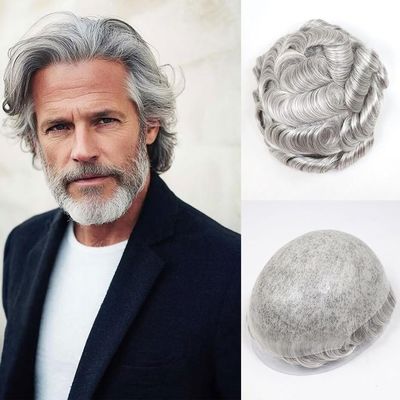 0.06-0.08mm Full PU Men Toupee Human Hair Prothesis Men's Wigs Human Hairpieces Replacement System Mixed Grey/Brown Male Wig Natural Hairline Single Knot 30mm Wave 120% Density(#580)