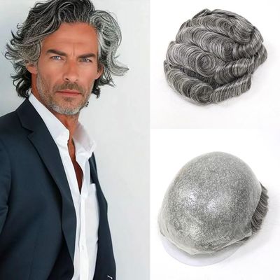 0.06-0.08mm Full PU Men Toupee Human Hair Prothesis Men's Wigs Human Hairpieces Replacement System Mixed Grey/Brown Male Wig Natural Hairline Single Knot 30mm Wave 120% Density (#1B60)