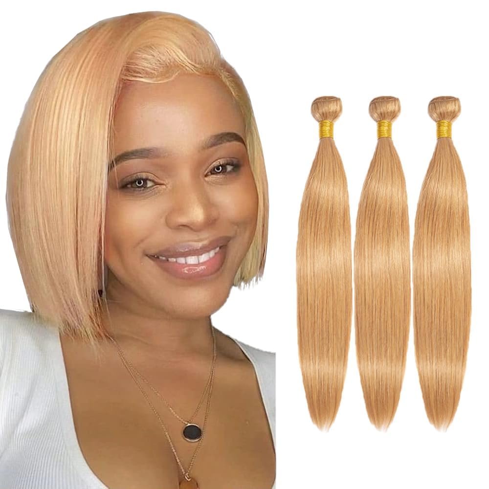 Blonde Bundles Human Hair Straight Bundles 22 24 26 Inch #27 Honey Blonde Straight Bundle Human Hair Extensions Double Weft Unprocessed Brazilian Virgin Hair 3 Bundle 50 Grams Per Bundle