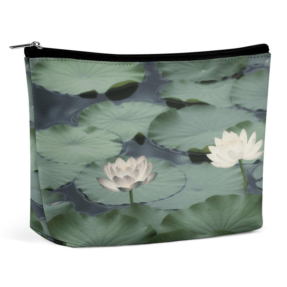 LLUTSNTH Makeup Bags Large Capacity Cosmetic Bags for Women Black Lily Pads Open Flat Toiletry Bag Waterproof Makeup Pouch Portable Cosmetic Organizer Makeups Train for Travel Gift